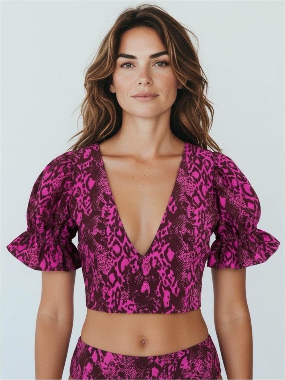 Maaji Snake Print Ruffle Puff Sleeve Bikini Swim Set - Reversible